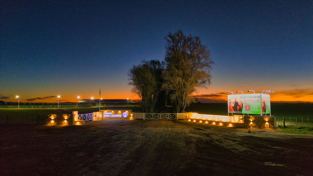 Entrada de Cabaña Don Cesario de noche, vista aérea de drone